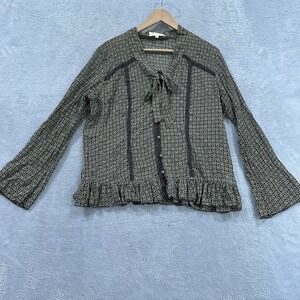 Cathaya Top Blouse Ruffle Long Sleeve Women Large Green Brown Boho Academia